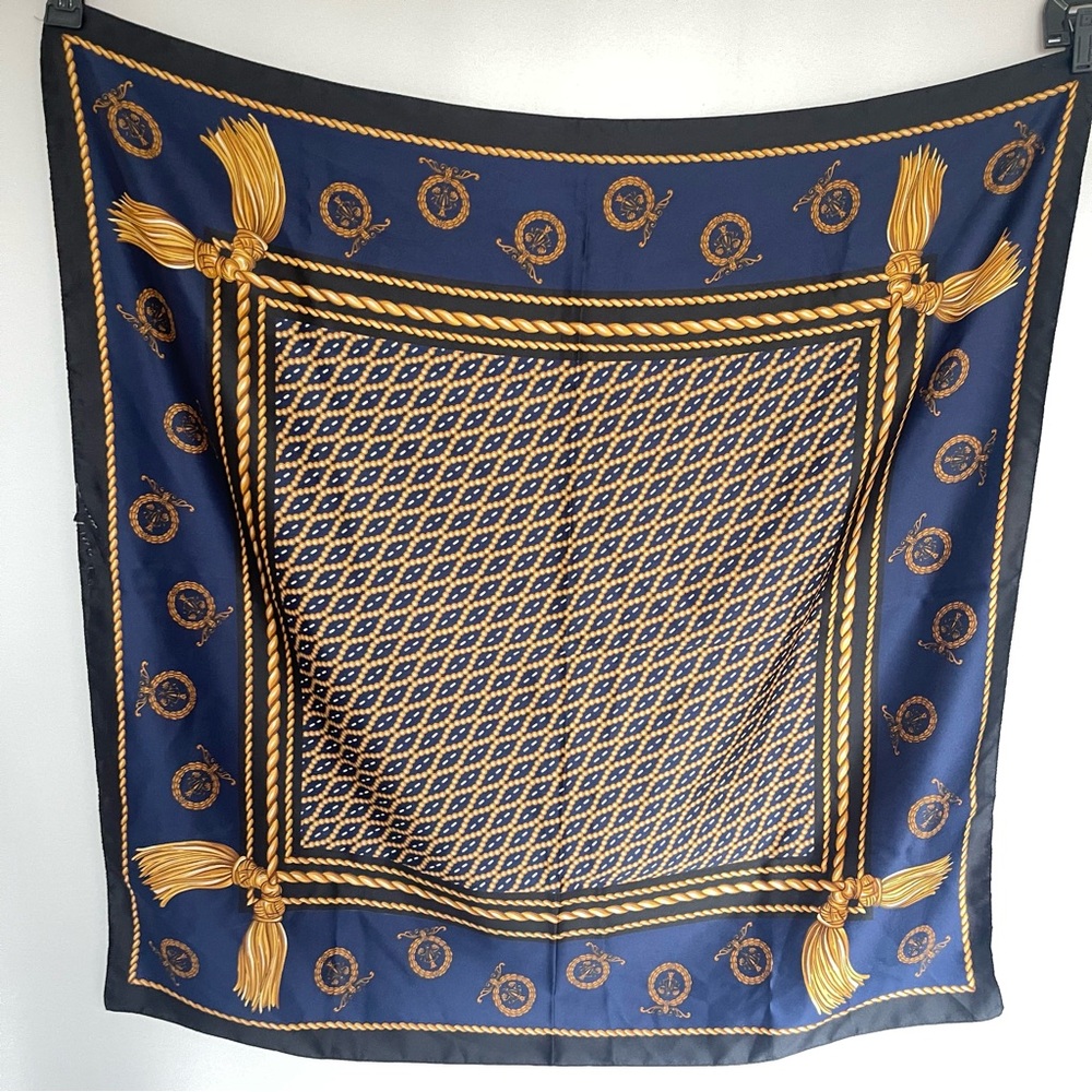 Vintage Berkshire Made in Italy Scarf | Navy Gold Tassel Print Square - Picture 2 of 7